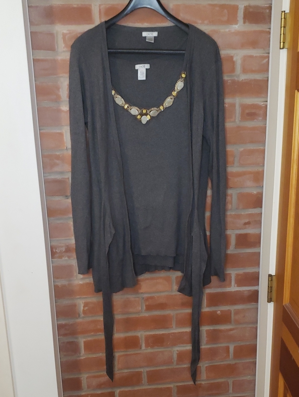 Cache Charcoal Gray Open-Front Cardigan with Gold-Tone Jewel Trim Tank